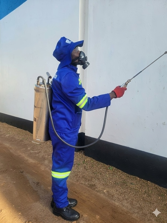 ATC pest control technician spraying in full protective gear